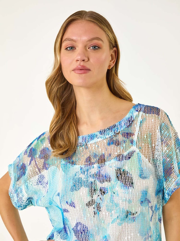 Roman Blue Floral Mesh Overlay T-Shirt - Image 2 of 5