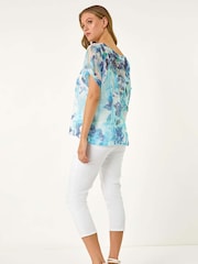 Roman Blue Floral Mesh Overlay T-Shirt - Image 3 of 5