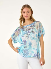 Roman Blue Floral Mesh Overlay T-Shirt - Image 4 of 5