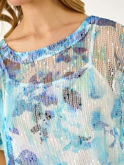 Roman Blue Floral Mesh Overlay T-Shirt - Image 5 of 5