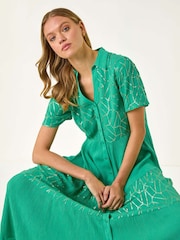 Roman Green Foil Print V-Neck Button Midi Dress - Image 1 of 5