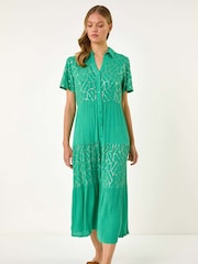 Roman Green Foil Print V-Neck Button Midi Dress - Image 2 of 5