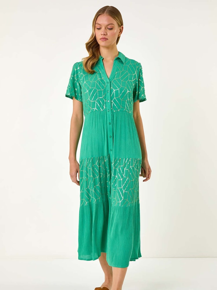 Roman Green Foil Print V-Neck Button Midi Dress - Image 2 of 5