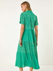 Roman Green Foil Print V-Neck Button Midi Dress - Image 3 of 5
