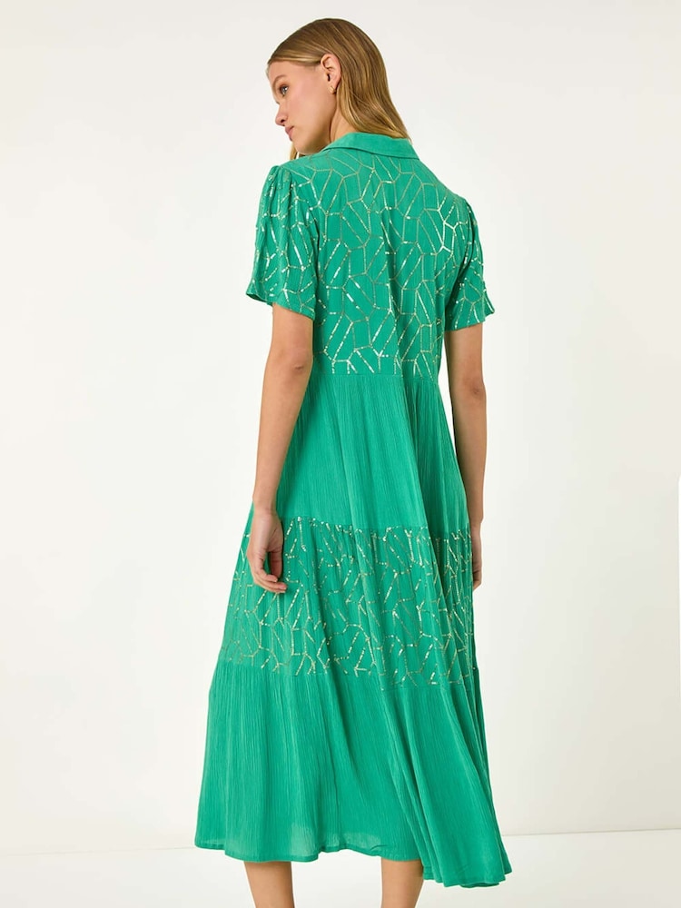 Roman Green Foil Print V-Neck Button Midi Dress - Image 3 of 5