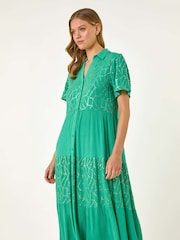 Roman Green Foil Print V-Neck Button Midi Dress - Image 4 of 5