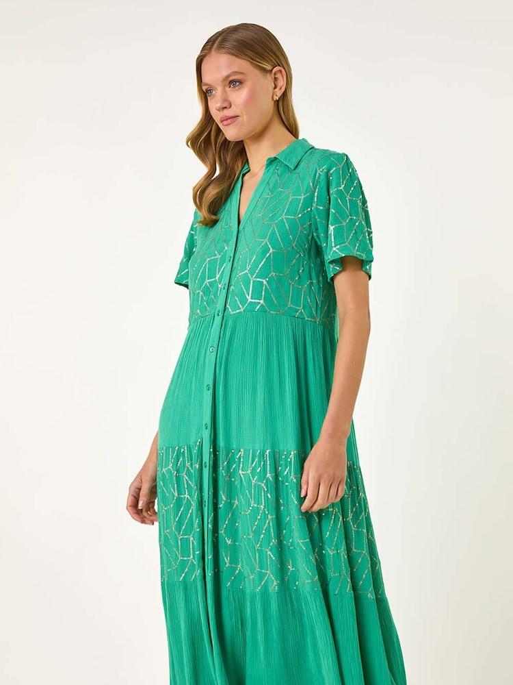 Roman Green Foil Print V-Neck Button Midi Dress - Image 4 of 5