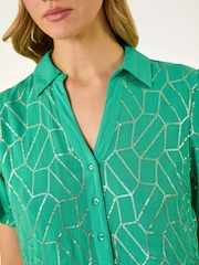 Roman Green Foil Print V-Neck Button Midi Dress - Image 5 of 5