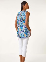 Roman Blue Floral Print Notch Neck Vest Top - Image 3 of 5