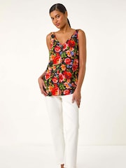 Roman Red Floral Print Buttoned Camisole Blouses - Image 1 of 5