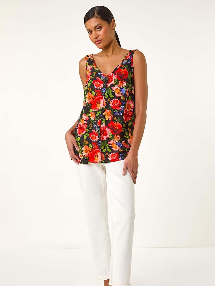 Roman Red Floral Print Buttoned Camisole Blouses - Image 1 of 5