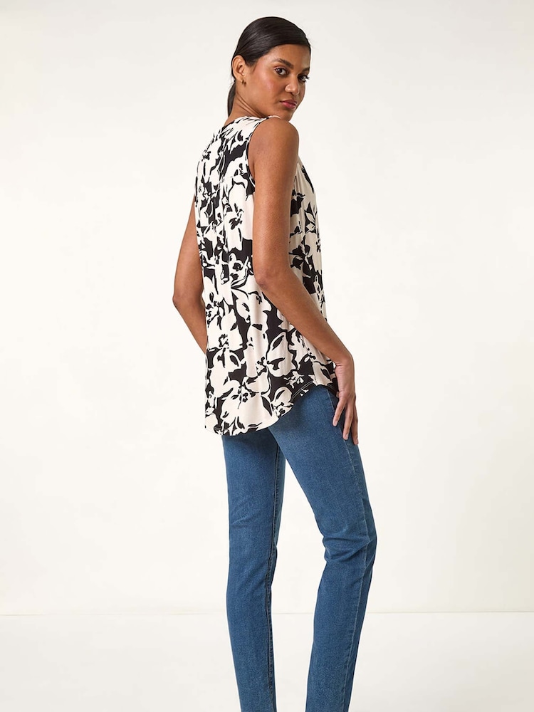 Roman Black Floral Print V-Neck Vest Top - Image 2 of 5
