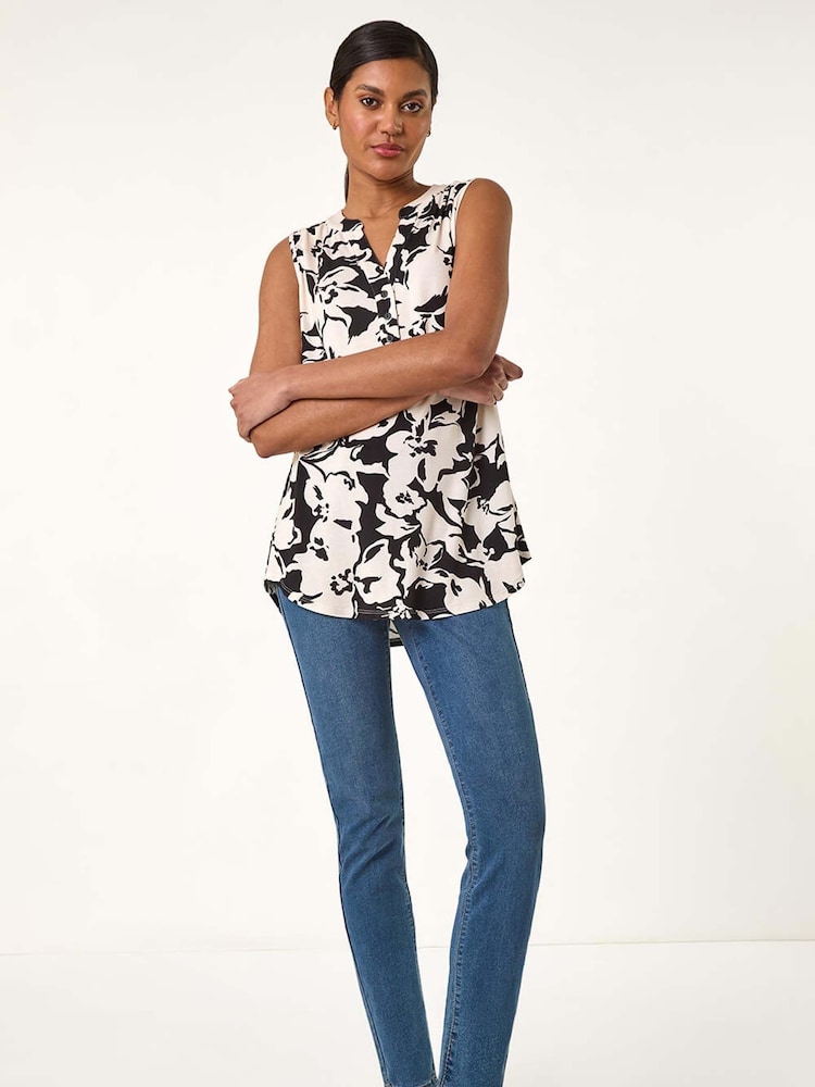 Roman Black Floral Print V-Neck Vest Top - Image 5 of 5 Roman Black Floral Print V-Neck Vest Top - Image 5 of 5