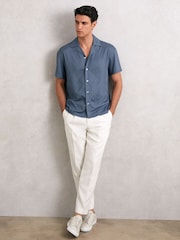 Reiss Airforce Blue Ando Jacquard-Stripe Cuban-Collar Shirt - Image 1 of 5