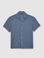 Reiss Airforce Blue Ando Jacquard-Stripe Cuban-Collar Shirt - Image 2 of 5