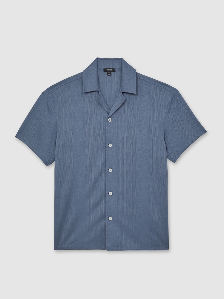 Reiss Airforce Blue Ando Jacquard-Stripe Cuban-Collar Shirt - Image 2 of 5