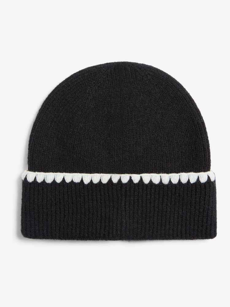 Lipsy Black Whipstitch Trim Beanie Hat - Image 2 of 3