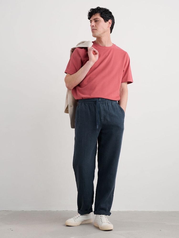 Seasalt Cornwall Blue Mens Crewman Tie Waist 100% Linen Trousers - Image 3 of 5