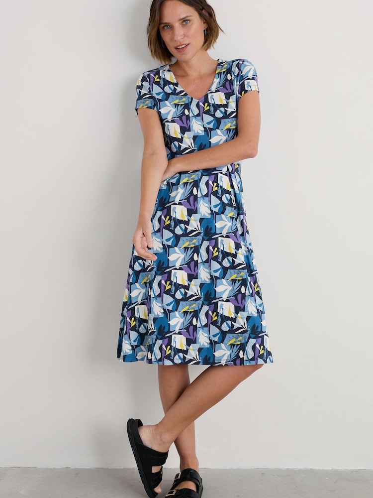 Seasalt Cornwall Coral Blue Secret Cove 3/4 Sleeve Midi Dress - Image 1 of 5