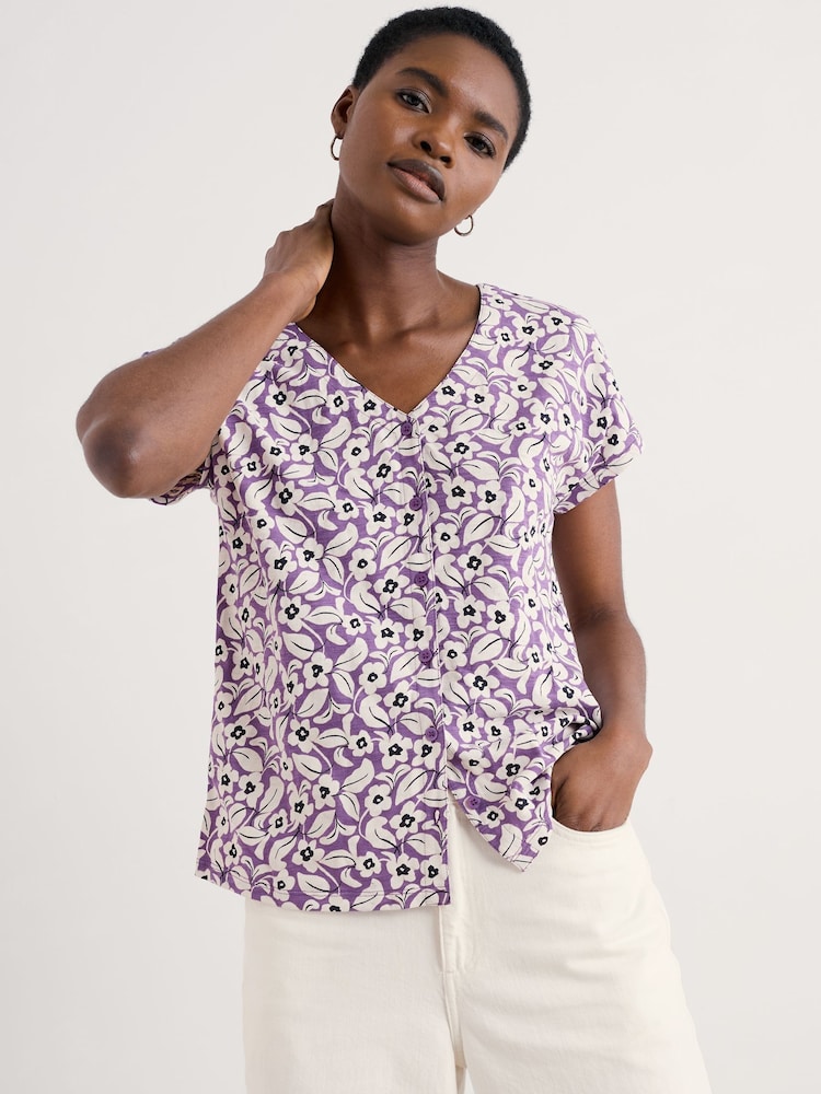 Seasalt Cornwall Purple Studio Glass V-Neck Jersey 100% Cotton Top - Image 1 of 5