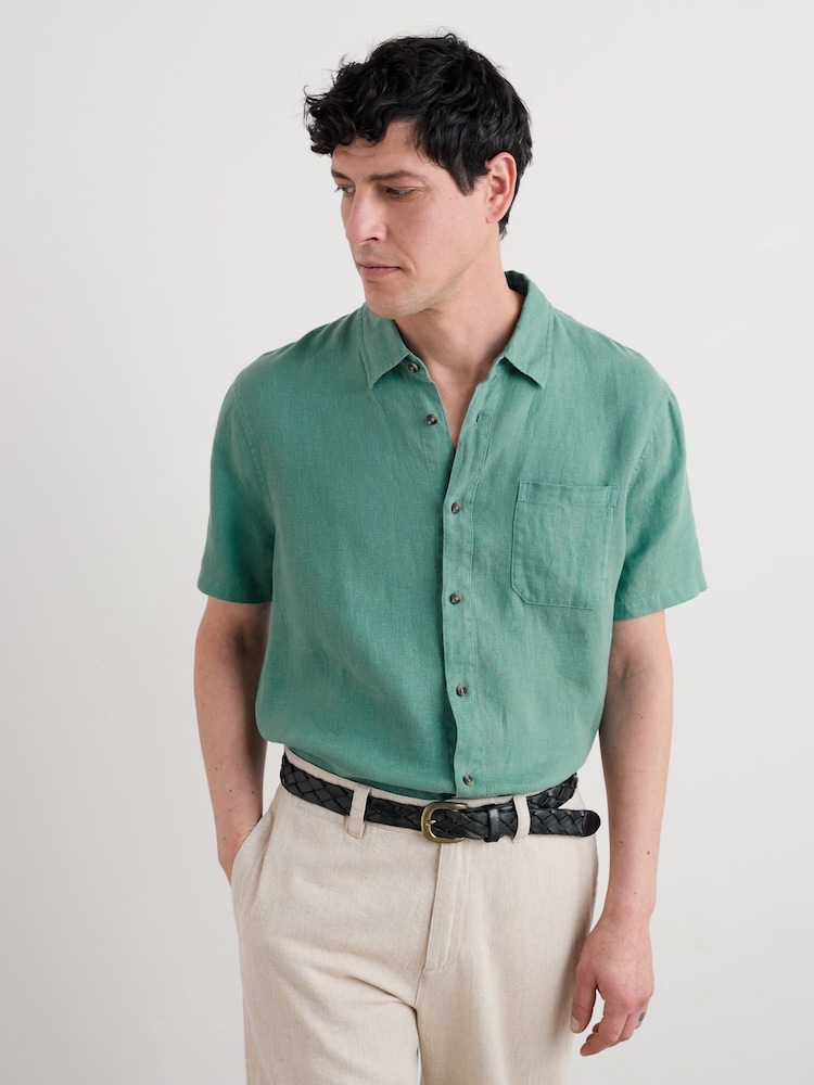 Seasalt Cornwall Green Mens Carne Short Sleeve 100% Linen Shirt - Image 1 of 5