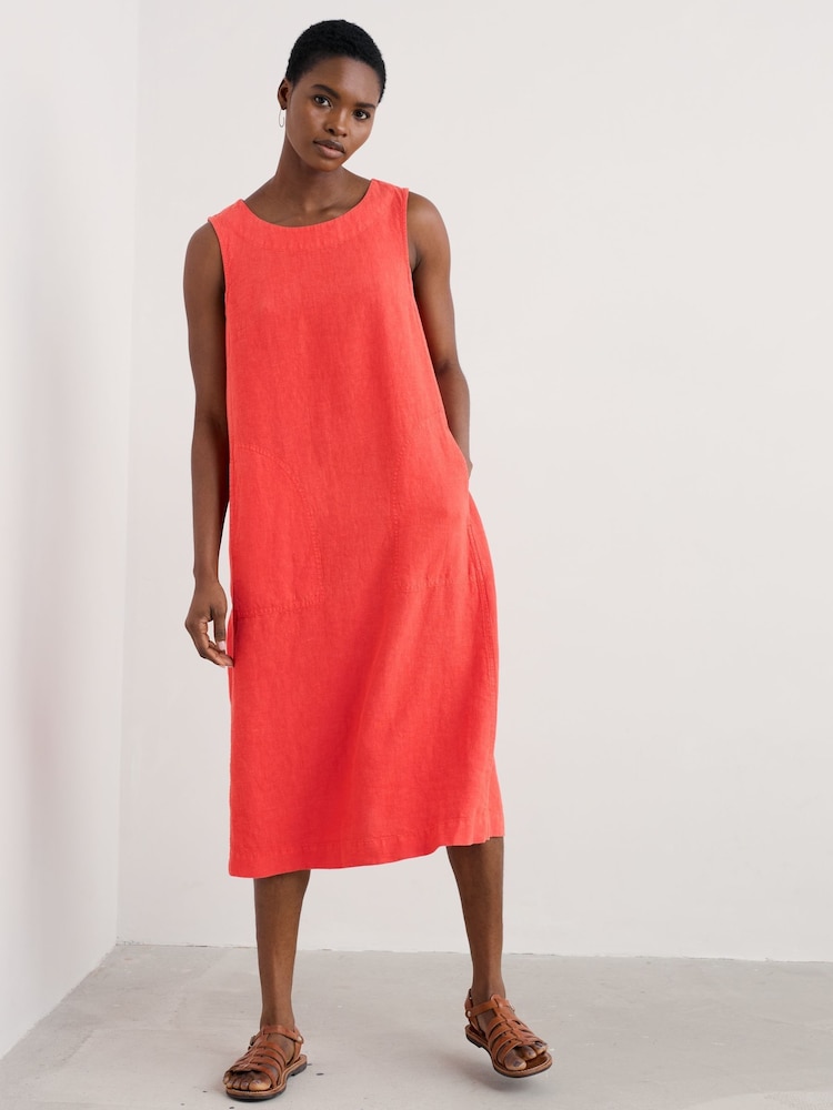 Seasalt Cornwall Orange Petite Cresting Waves Sleeveless 100% Linen Dress - Image 1 of 5