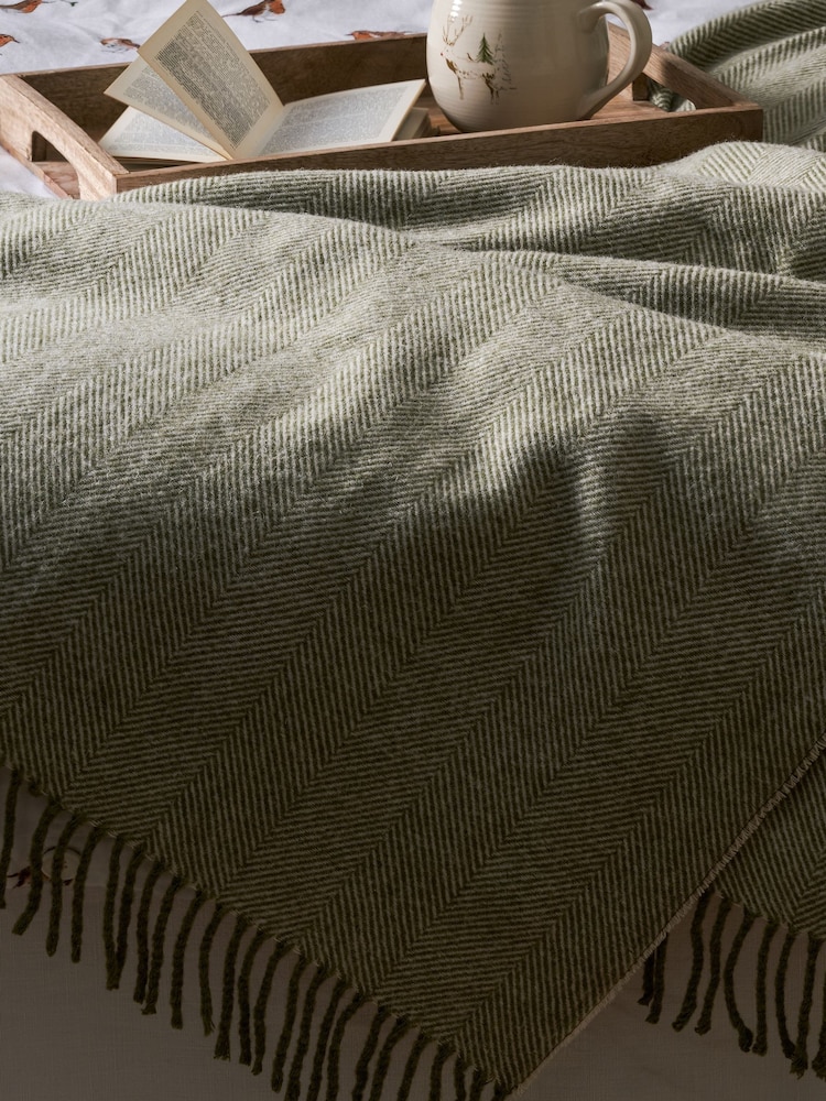 Sophie Allport Olive Green Wool Herringbone Throw - Image 1 of 3
