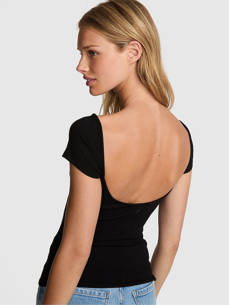 Victoria's Secret PINK Black Ribbed T-Shirt - Image 2 of 2 Victoria's Secret PINK Black Ribbed T-Shirt - Image 2 of 2