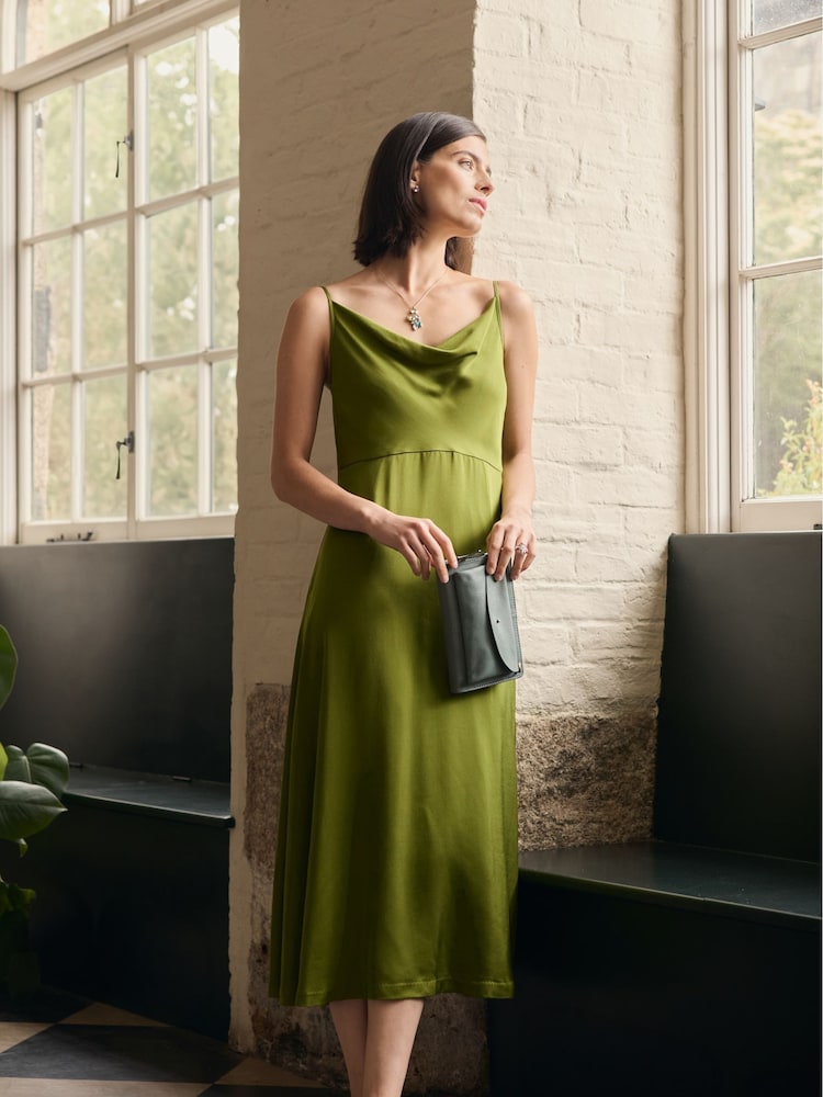 green silk cami dress Cowl Neck Satin Slip Cami Midi Dress Green