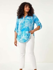 Roman Blue Curve Textured Floral Print V-Neck Blouse - Image 2 of 5