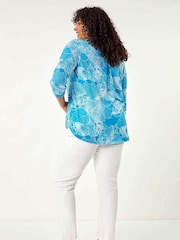 Roman Blue Curve Textured Floral Print V-Neck Blouse - Image 3 of 5