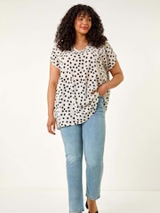 Roman Black Curve Spot Print Cocoon Stretch T-Shirt - Image 2 of 5