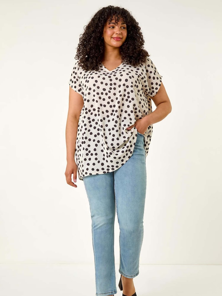 Roman Black Curve Spot Print Cocoon Stretch T-Shirt - Image 2 of 5
