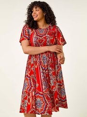 Roman Curve Print Shirred Midi Dress - Imagem 1 de 5