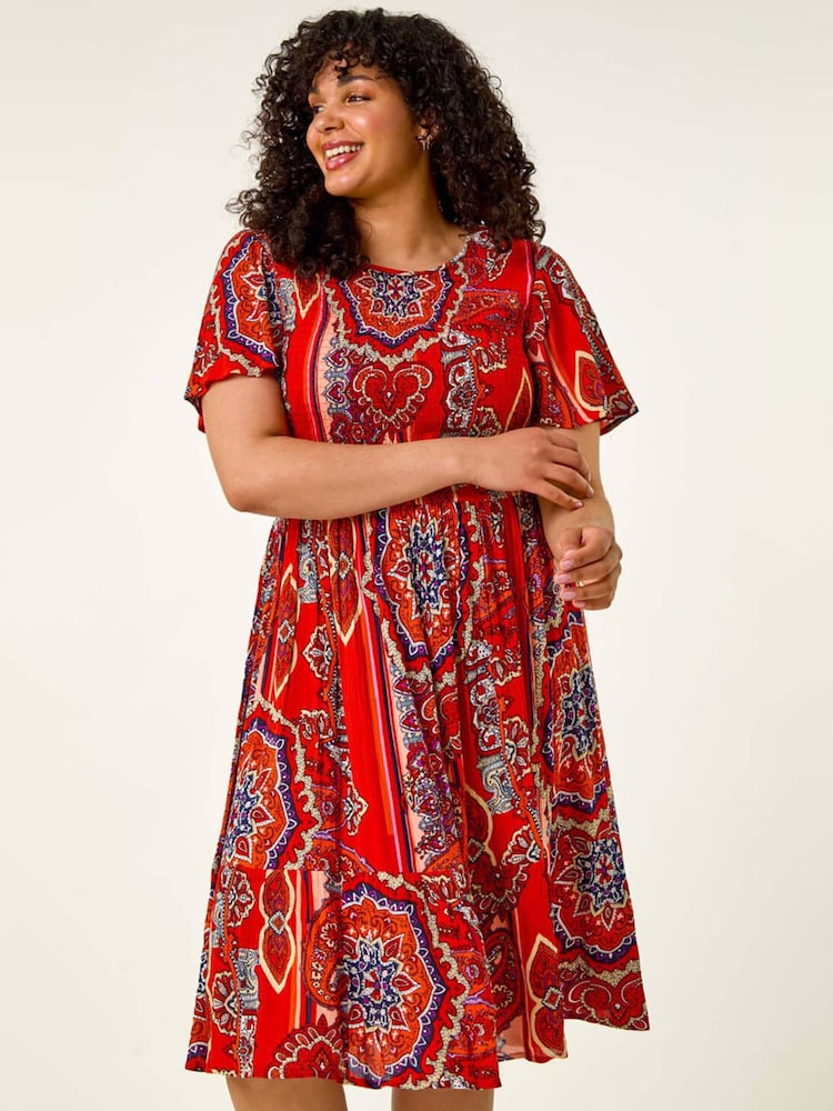 Roman Curve Print Shirred Midi Dress - Imagem 1 de 5