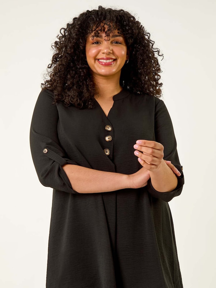 Roman Black Curve Textured Buttoned Tunic Top - Image 1 of 5