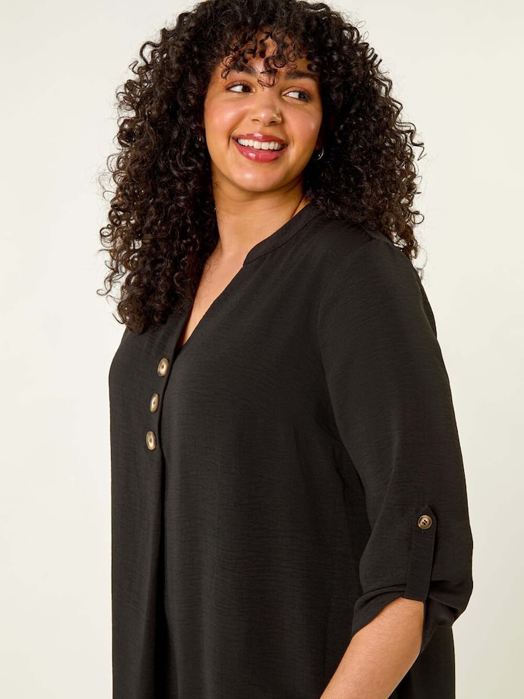 Roman Black Curve Textured Buttoned Tunic Top - Image 2 of 5