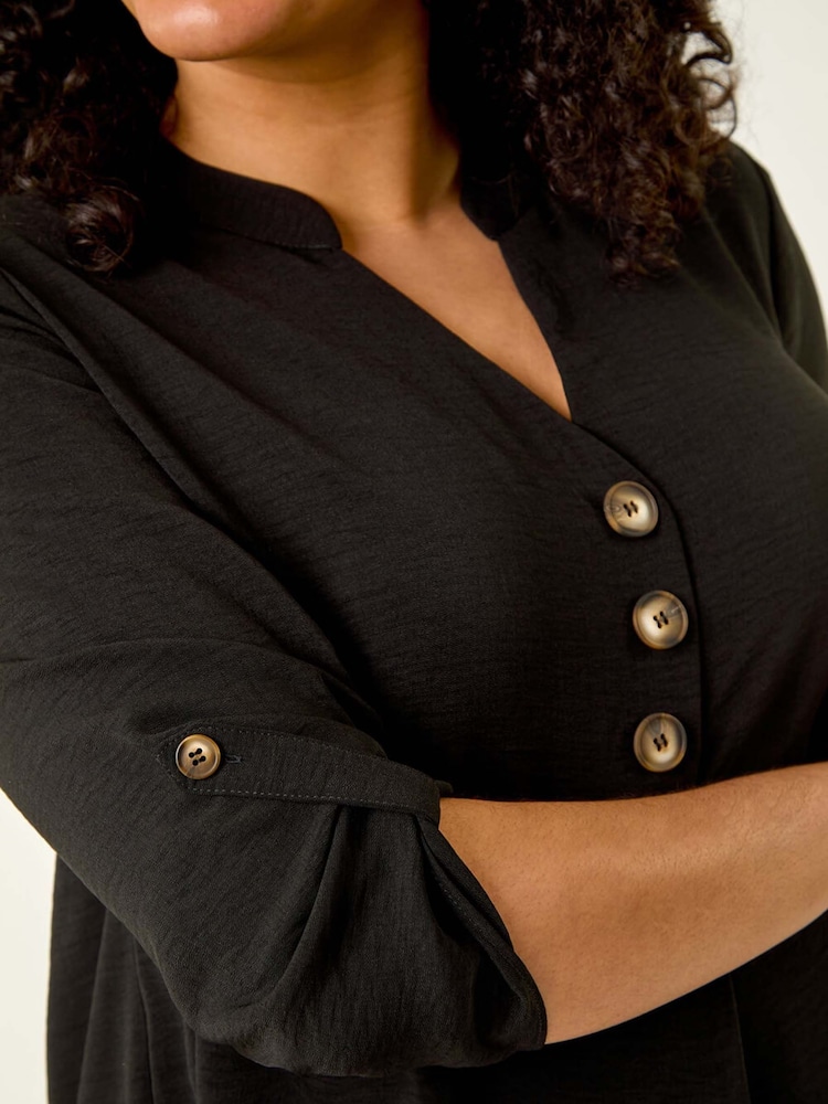 Roman Black Curve Textured Buttoned Tunic Top - Image 5 of 5