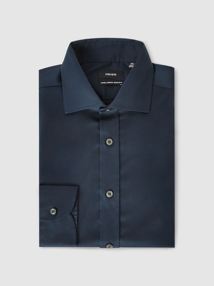 Reiss Blue Bishopsgate Regular Fit Cotton-Tencel Stretch Shirt - Image 2 of 8 Reiss Blue Bishopsgate Regular Fit Cotton-Tencel Stretch Shirt - Image 2 of 8