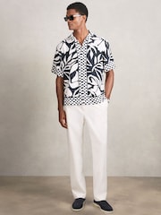 Reiss Navy/White Beattie Floral-Print Cuban-Collar Shirt - Image 1 of 5