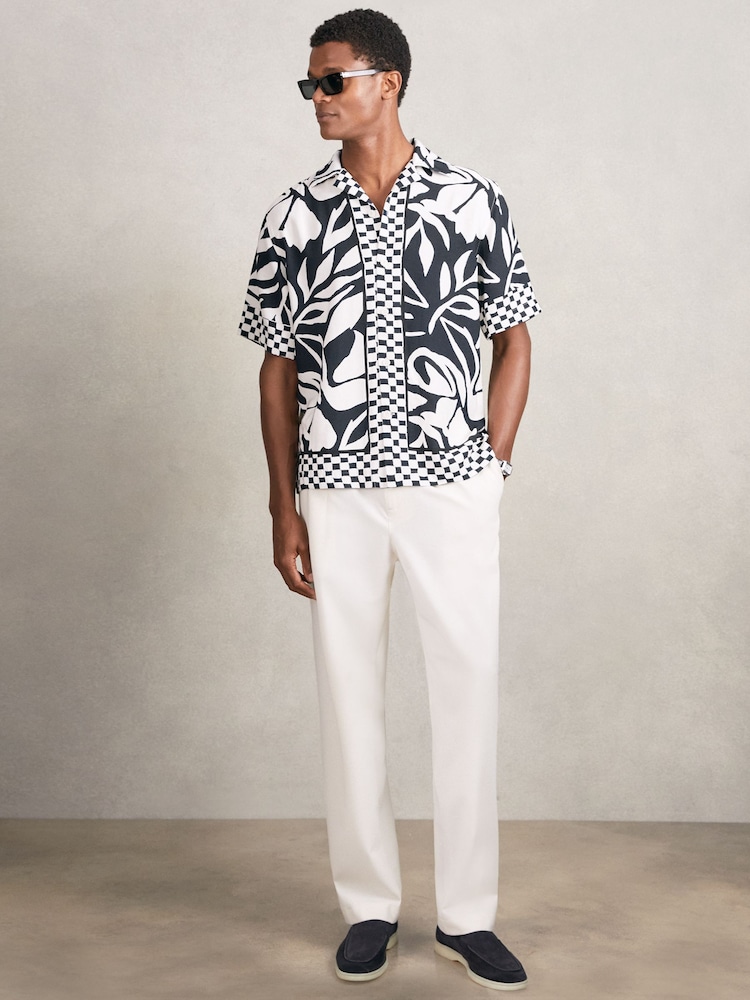 Reiss Navy/White Beattie Floral-Print Cuban-Collar Shirt - Image 1 of 5 Reiss Navy/White Beattie Floral-Print Cuban-Collar Shirt - Image 1 of 5