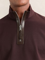 Reiss Cherry Red Hale Leather-Placket Interlock Sweatshirt - Image 3 of 5