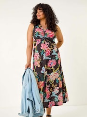 Roman Black Curve Twist Front Floral Print Maxi Dress - Image 1 of 5
