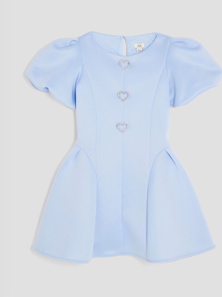 River Island Blue Girls Scuba Bow Skater Puff 100% Cotton Dress - Image 1 of 4