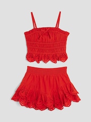 River Island Red Girls 100% Cotton Broderie Top and Skort Set - Image 2 of 4