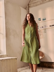 Seasalt Cornwall Green Carved Wood Sleeveless 100% Linen Dress - Image 1 of 9