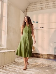 Seasalt Cornwall Green Carved Wood Sleeveless 100% Linen Dress - Image 4 of 9