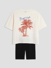 River Island Cream Girls 100% Cotton Palm Tree T-shirt &short set - Image 1 of 5