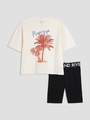 River Island Cream Girls 100% Cotton Palm Tree T-shirt &short set - Image 2 of 5