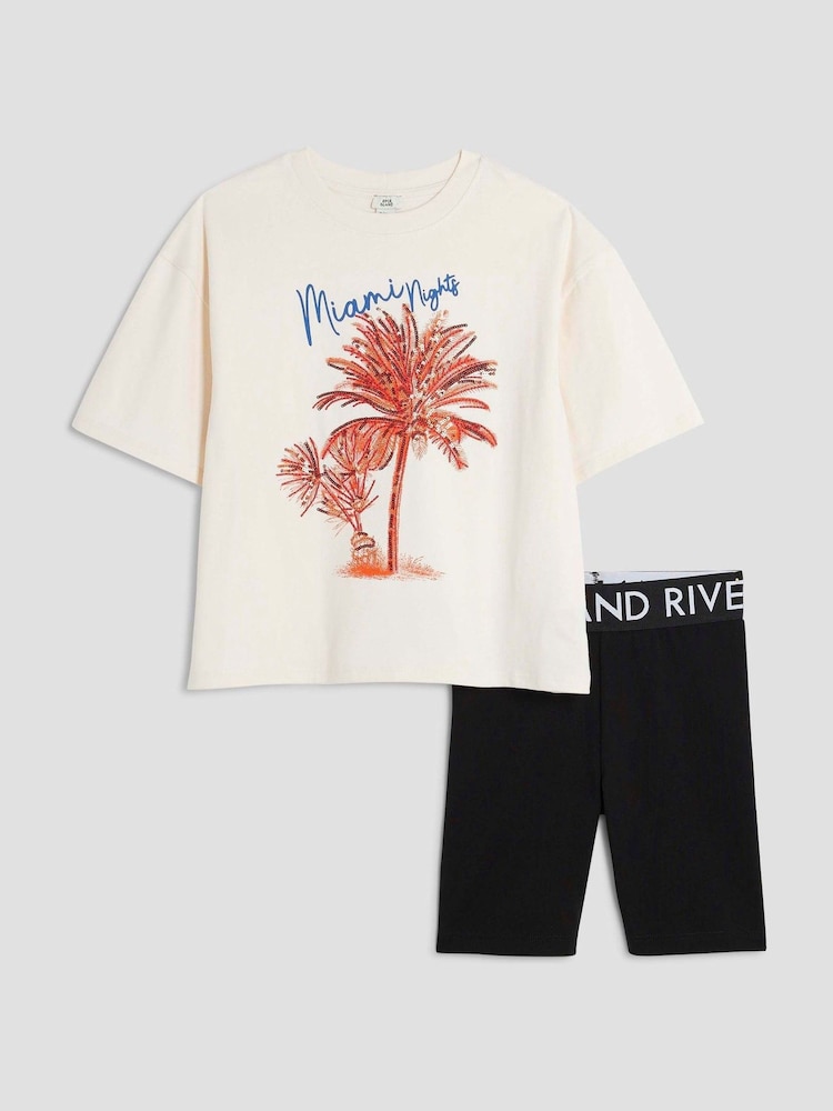River Island Cream Girls 100% Cotton Palm Tree T-shirt &short set - Image 2 of 5